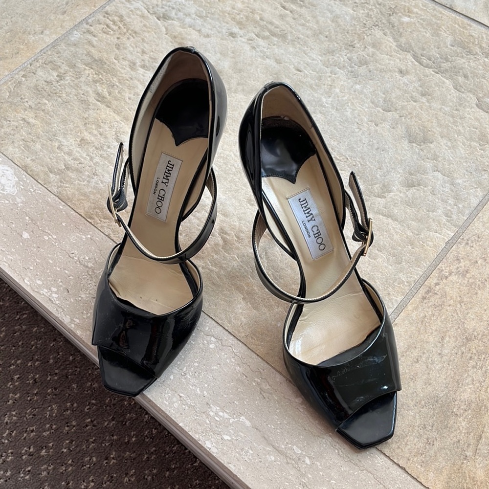 Jimmy Choo black patent stiletto pumps. Excellent condition. Size 10.